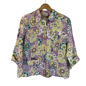 Alfred Dunner Linen Blend Floral Top 16P Citron Muted Purple Teal Olive Green